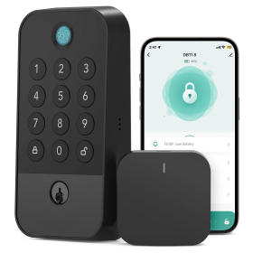 Smart WiFi & Bluetooth Door Lock With Fingerprint, Keypad & Code Entry, App Remote Control, Auto Lock, Black (Color: Black)