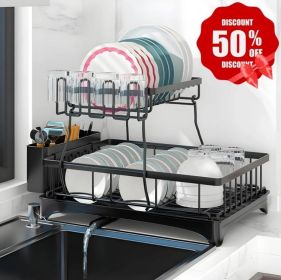 Dish Racks for Kitchen Counter, Stainless Steel Kitchen Dish Drying Rack with Drainboard, Detachable Dish Drainers with Utensil Holders (Main Color: Black, Main Material: Metal)