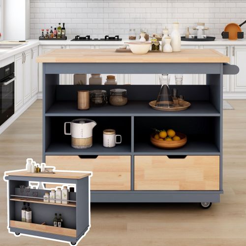 Rolling Kitchen Island with Storage, Two-sided Kitchen island Cart on Wheels with RubberWood Top,Wine and Spice Rack