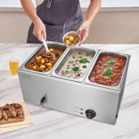 Commercial Electric Food Warmer 3-Pan Countertop Buffet 24QT Bain Marie (Option: Silver)